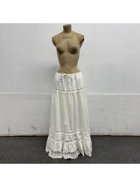 White Tiered Eyelet & Floral Lace Drawstring Maxi Prairie Skirt